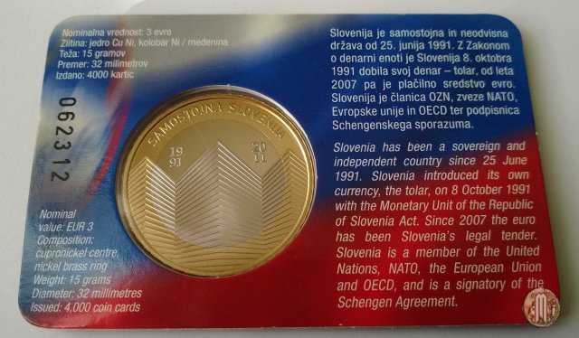 3 Euro 2011 20° anniv. dell'indipendenza della Repubblica di Slovenia 2011 (Vantaa)