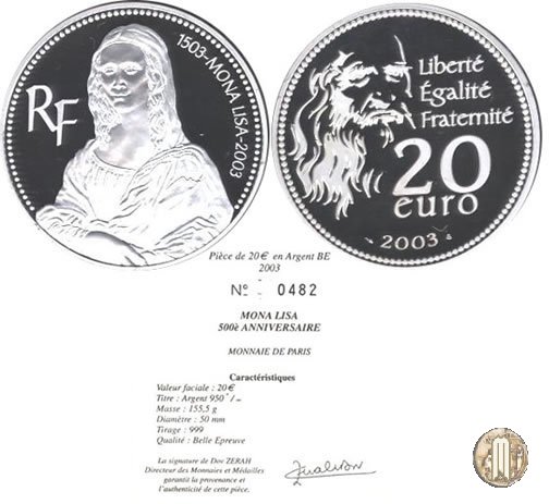 20 Euro 2003 500° Anniversario de la <i>Gioconda</i> 2003 (Parigi)