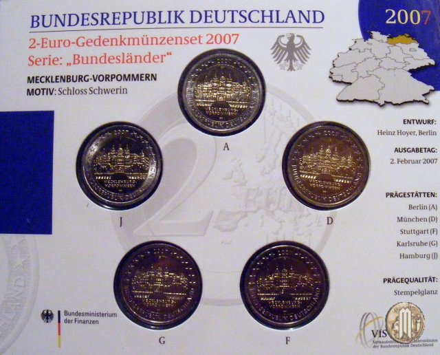 2 Euro 2007 Mecklenburg-Vorpommern: Schweriner Schloss 2007 (Amburgo:Berlino:Karlsruhe:Monaco:Stoccarda)