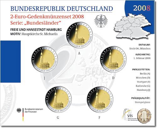 Germania 2008 FdC 2008 (Amburgo:Berlino:Karlsruhe:Monaco:Stoccarda)